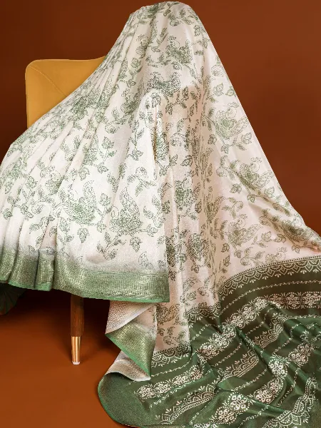 Mehendi Color Dola Silk Saree With Print and Zari Weaving Border With Blouse