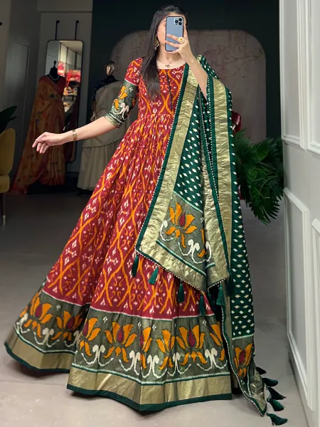 Red Tussar Silk Gown With Patola Print and Foil Work Beautiful Dupatta