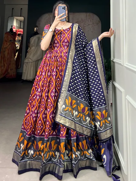 Wine Tussar Silk Gown With Patola Print and Foil Work Beautiful Dupatta