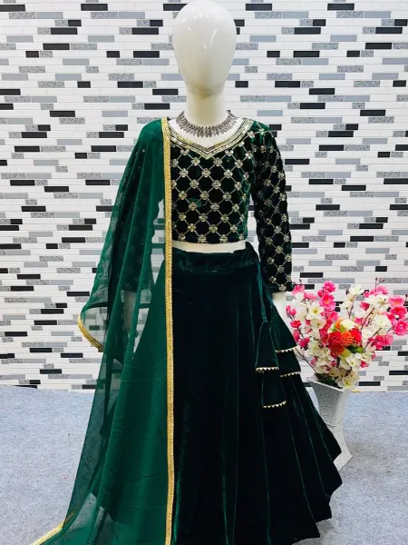 Green Color Kids Lehenga Choli in Velvet With Embroidery Work Readymade Lehenga