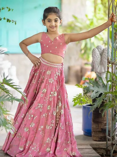 Pink Orange Gota Patti Kids Lehenga - Rana's by Kshitija