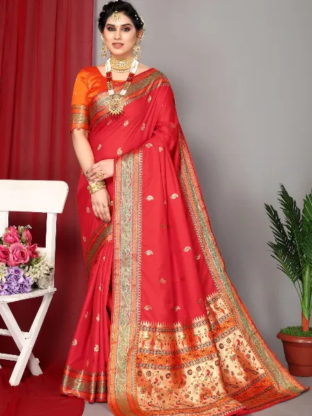 Paithani Silk Red Saree With Zari Weaving and Rich Pallu With Blouse