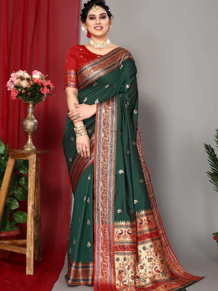 Paithani Silk Green Saree With Zari Weaving and Rich Pallu With Blouse