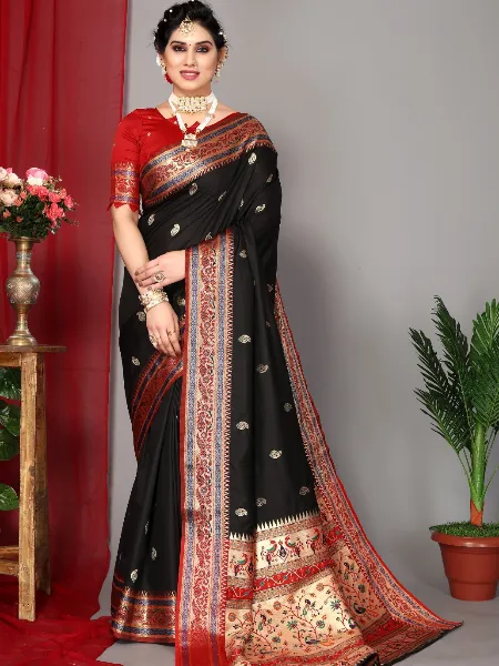 Paithani Silk Black Saree With Zari Weaving and Rich Pallu With Blouse