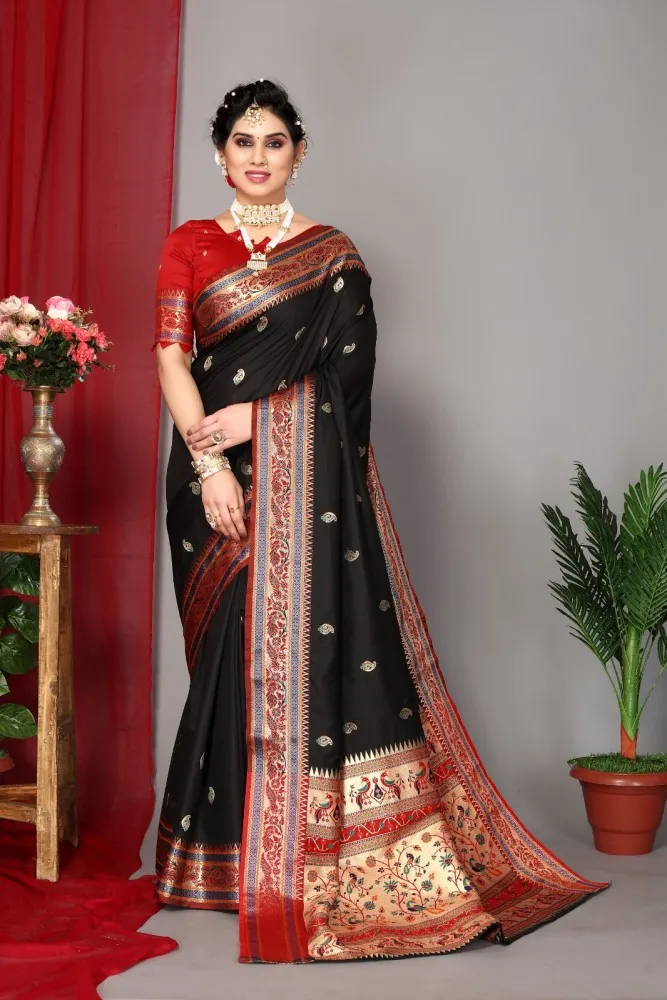 Sizzling Black Color Banarasi Silk Saree With Red Blouse