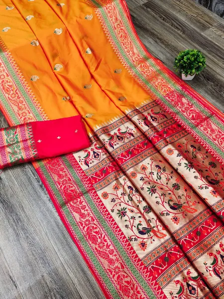 Paithani Silk Orange Saree With Zari Weaving and Rich Pallu With Blouse
