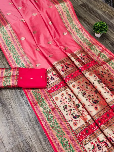 Paithani Silk Baby Pink Saree With Zari Weaving and Rich Pallu With Blouse