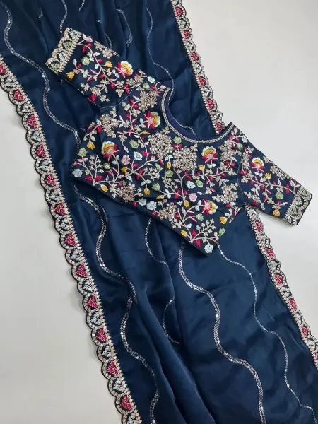 Navy Bluea Sequins Embroidery Saree in Rangoli Silk With Readymade Blouse Indian Saree