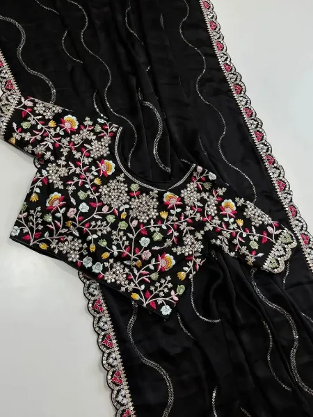 Black Sequins Embroidery Saree in Rangoli Silk With Readymade Blouse Indian Saree