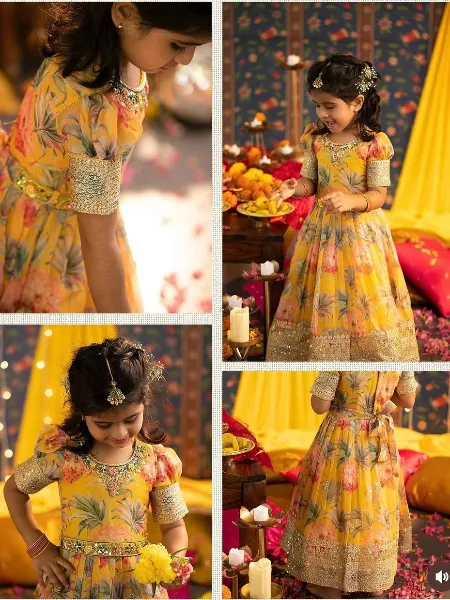 Haldi Gown for Kids in Georgette With Print and Sequins Work Readymade Kids Wear