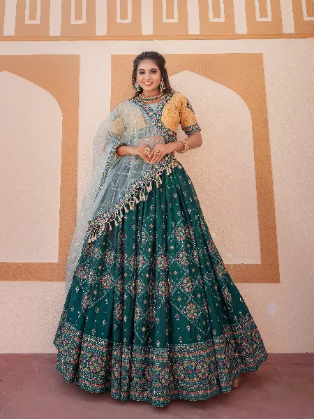 Rama Green Color Wedding Lehenga Choli in Chinon with Foil Print and Embroidery