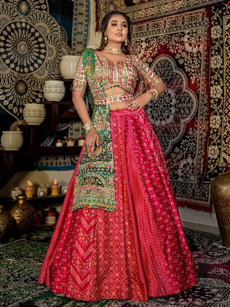 Rani Pink Satin Ready to Wear Lehenga Choli With Print and Embroidery Work