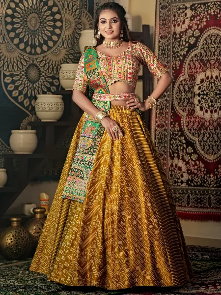 Mustard Satin Ready to Wear Lehenga Choli With Print and Embroidery Work Indian Brides Lehenga