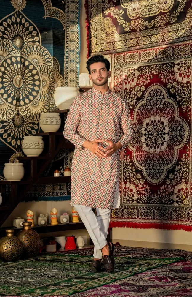 Multi Color Men s Kurta Pajama Set in Maslin with Sequence for