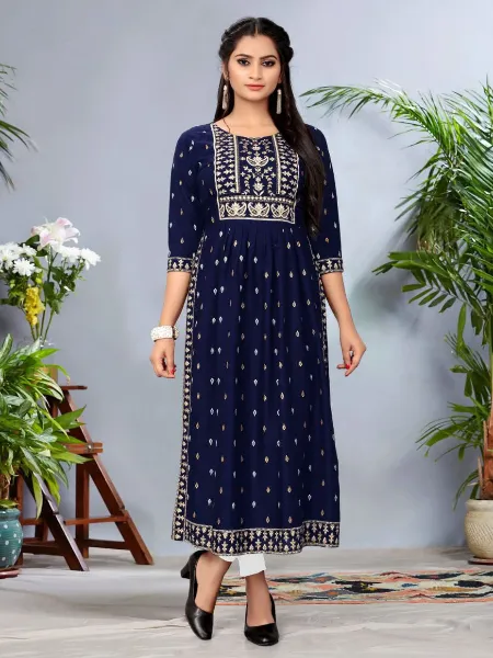 Navy Blue Plus Size Rayon Kurta With Foil Print and Mirror Work Plus Size Cloth