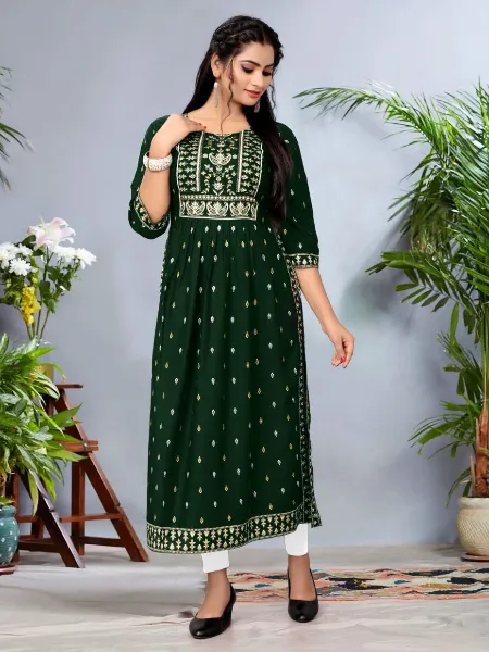 Green Plus Size Rayon Kurta With Foil Print and Mirror Work Plus Size Cloth