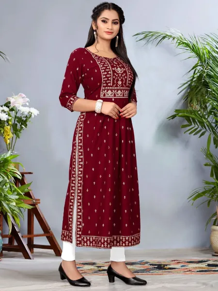 Maroon Plus Size Rayon Kurta With Foil Print and Mirror Work Plus Size Cloth