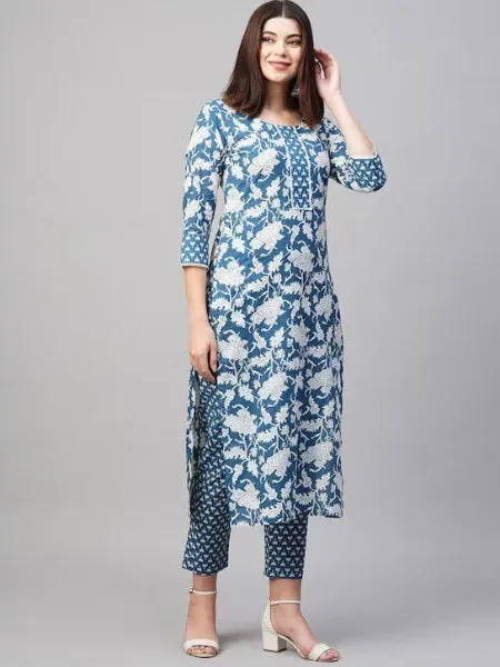 Blue Color Kurta Pant Set in Cotton With Digital Print Office Wear Kurti