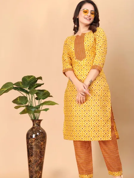 Mustard Color Kurta Pant Set in Cotton With Digital Print Office Wear Kurti