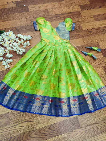 Parrot Kids Gown in Silk With Zari Weaving Ready to Wear Kids South Indian Dress