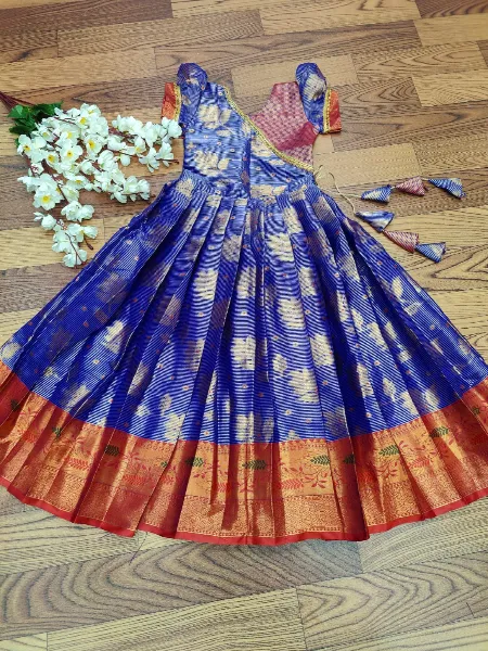 Blue Kids Gown in Silk With Zari Weaving Ready to Wear Kids South Indian Dress