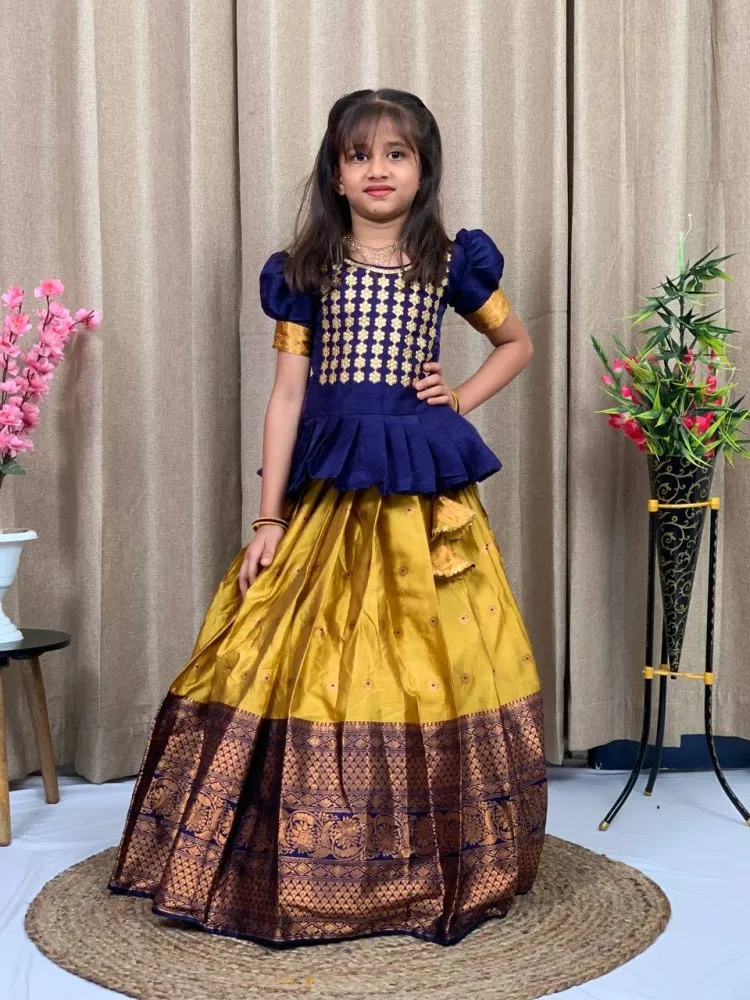 kids New Pattu Pavadai south indian Blue lehenga dress for girls – Feliz  Couture