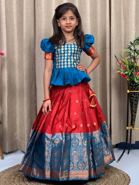 Maroon and Rama Kids Lehenga Choli With Zari Weaving Kids South Indian Lehenga