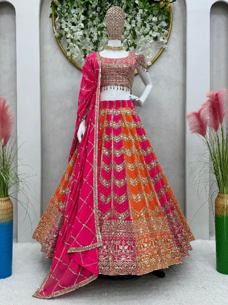 Wedding Lehenga Choli in Orange and Pink With Stone Sequins Embroidery Work