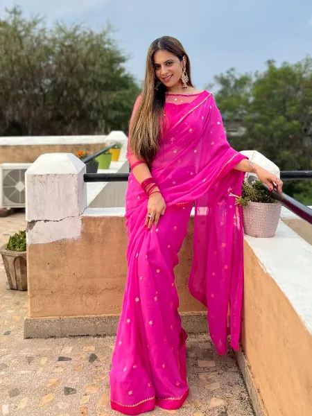 Pink Saree in Georgette for Festival and Party with Sequins Embroidery