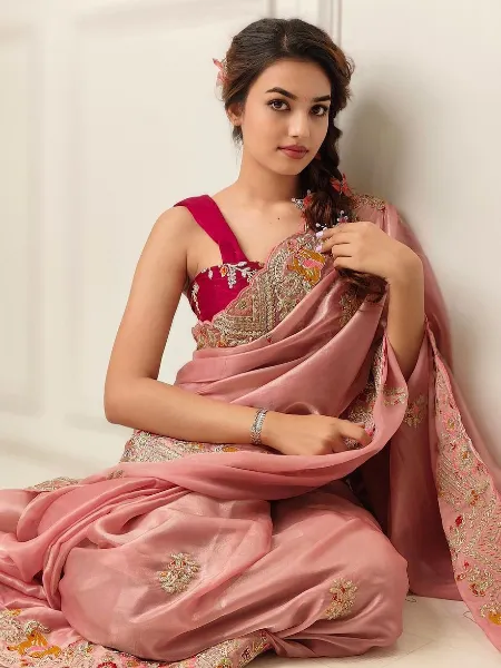 Peach Saree in Pure Jimmy Silk With Heavy Embroidery Indian Wedding Saree