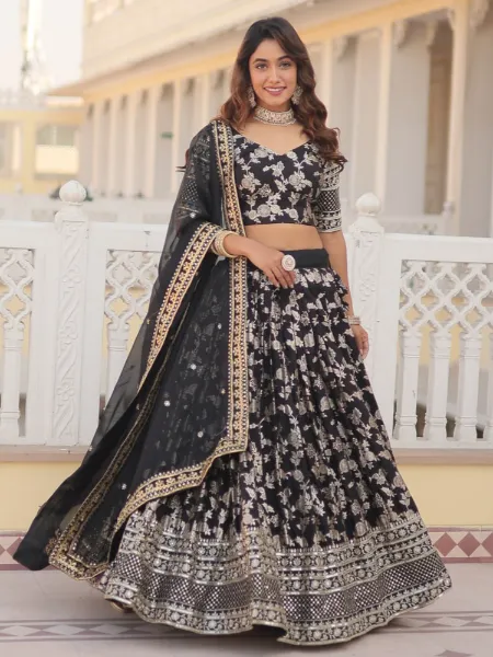 Bridal Lehenga in Black Jacquard With Embroidery Work Indian Lehenga Choli
