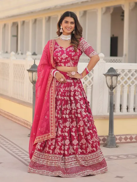 Bridal Lehenga in Pink Jacquard With Embroidery Work Indian Lehenga Choli