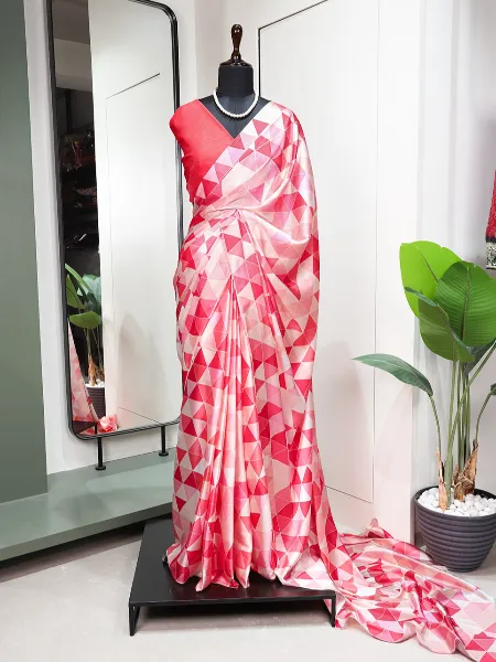 Pink Color Floral Printed Japan Satin Saree