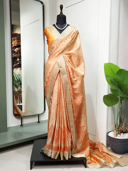 Kotha Zari Border Saree Handloom Saree With Print in Orange Color South Saree
