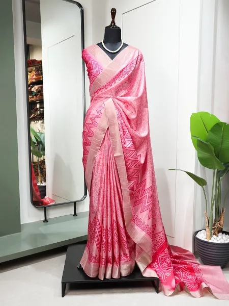 Kotha Zari Border Saree Handloom Saree With Print in Pink Color South Saree