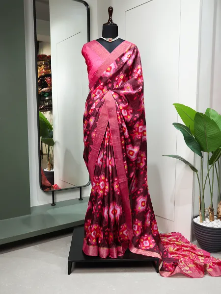 Kotha Zari Border Saree Handloom Saree With Print in Brown Color South Saree