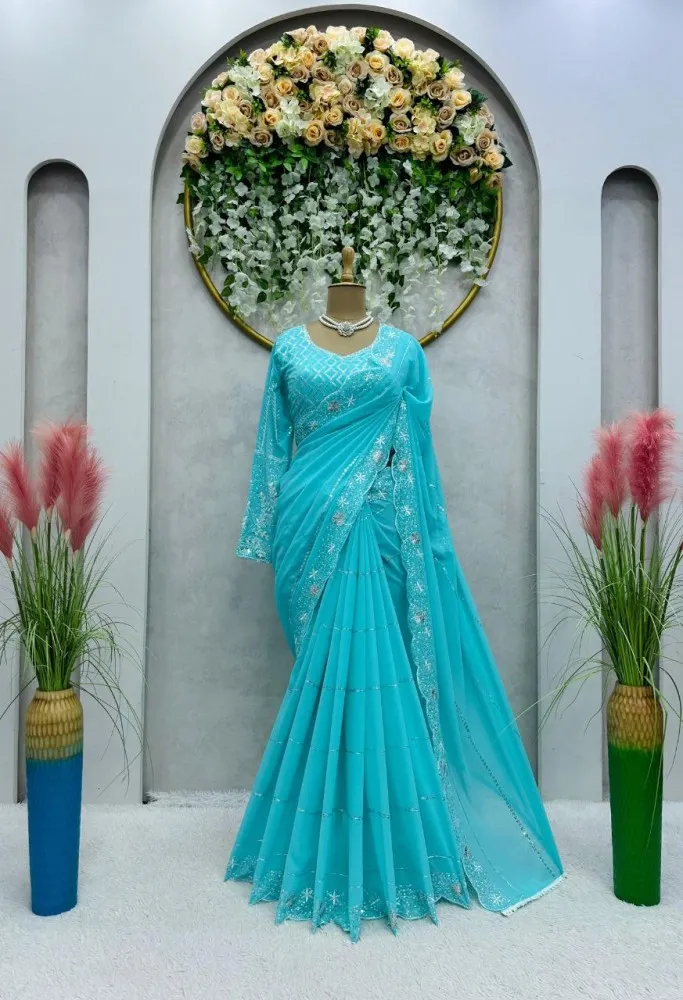 Attractive Sky Blue Color Silk Saree