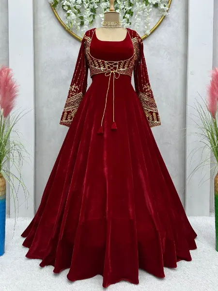 Maroon Velvet Gown With Sequence Embroidery Work Koti Ready to Wear Gown