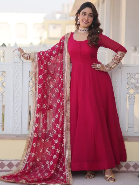 Party Dress in Pink Designer Gown With Sequins Embroidery and Heavy Dupatta