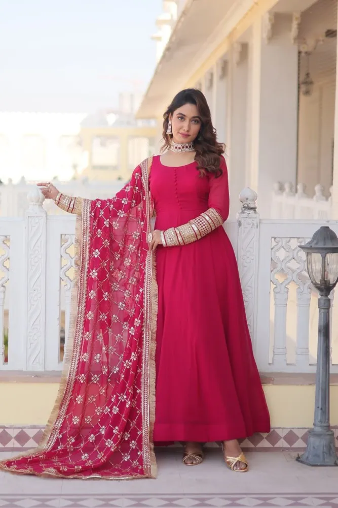 Mehndi Color Plain Gown With Heavy Dupatta – subhvastra