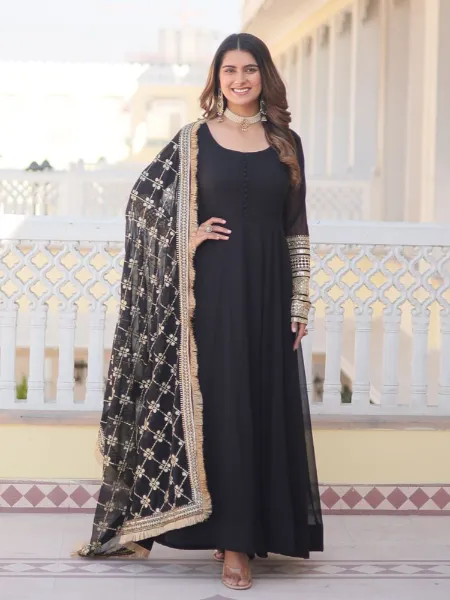 Party Dress in Black Designer Gown With Sequins Embroidery and Heavy Dupatta