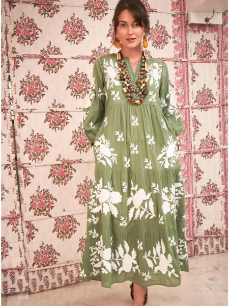 Salwar Suit in Mehendi With Embroidery Work in Rayon With Palazzo