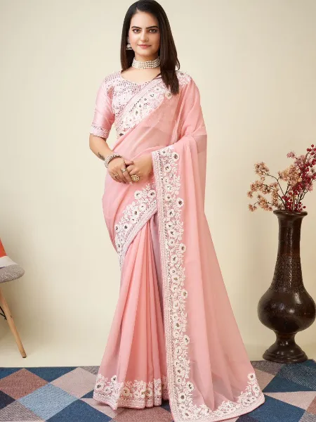 Pink Bridesmaid Saree in Georgette With Cotton Thread Sequence Bollywood Saree