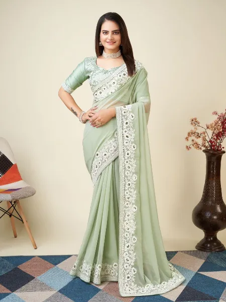 Pista Bridesmaid Saree in Georgette With Cotton Thread Sequence Bollywood Saree