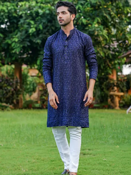 Navy Blue Men's Kurta Pajama Set in Rayon with Sequence for Wedding and Reception Kurta
