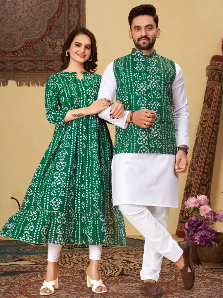Green Couple Combo in Pure Cotton With Bandhani Print Women Kurti With Men's Kurta Jacket Set