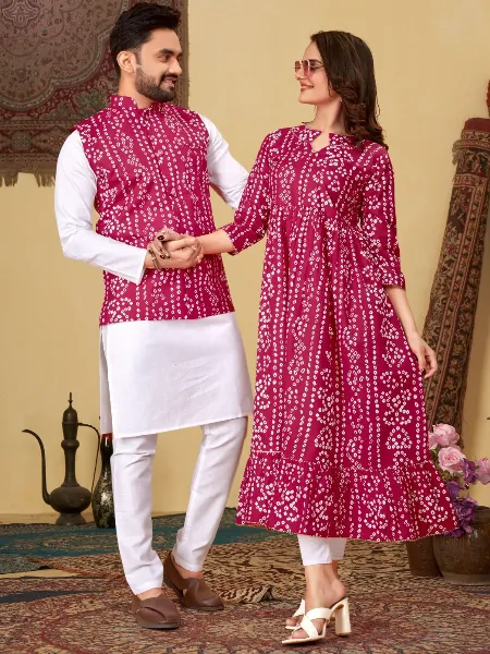 Pink Couple Combo in Pure Cotton With Bandhani Print Women Kurti With Men's Kurta Jacket Set