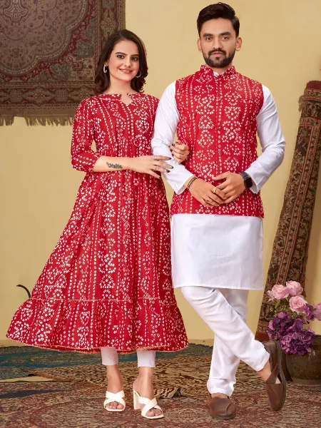 Red Couple Combo in Pure Cotton With Bandhani Print Women Kurti With Men's Kurta Jacket Set