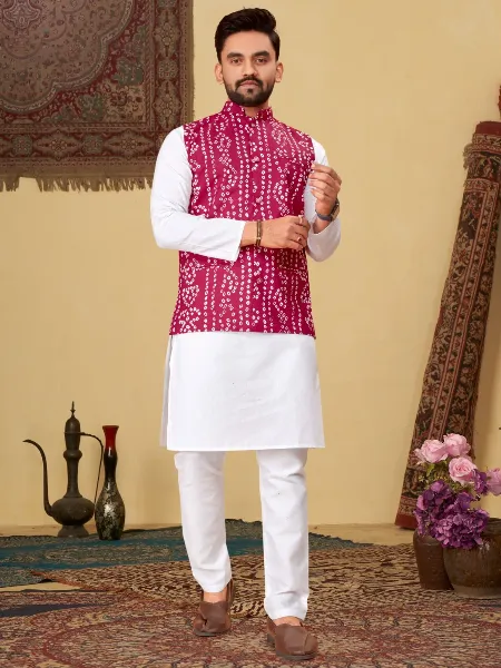 Pink Men's Kurta Pajama Set With Jacket in Pure Cotton With Bandhani Print