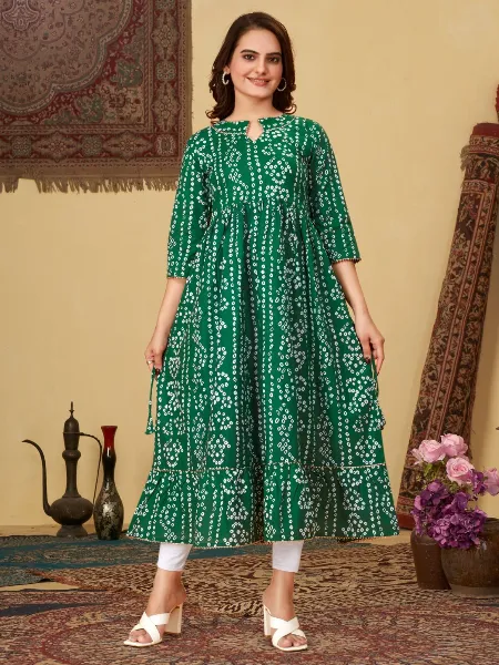 Green Color Pure Cotton Women Kurti With Bandhani Print  With Bottom